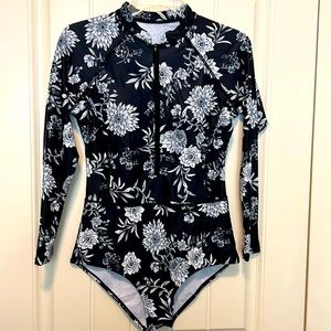 One Piece Black & White Floral Zip Front Swimsuit